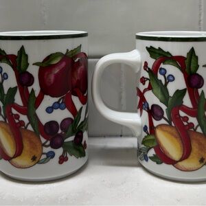 Dansk Holiday Harvest Set of 2 Mugs 4 oz Holly Fruit Berries Ribbon